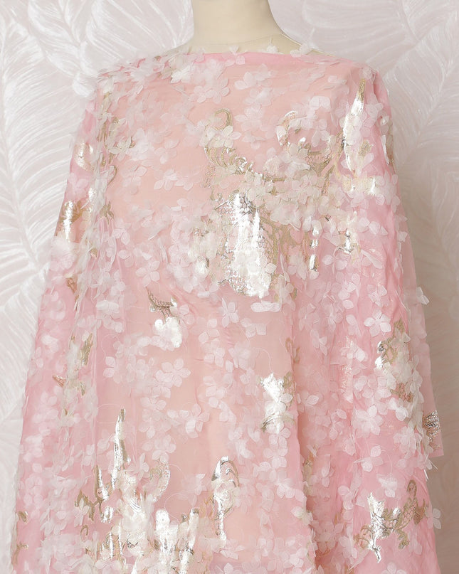Luxurious Blush Pink Silk Chiffon Somali dirac Fabric with metallic lurex and Exquisite Appliqué - 140cm x 3.5 Mtrs-D18495