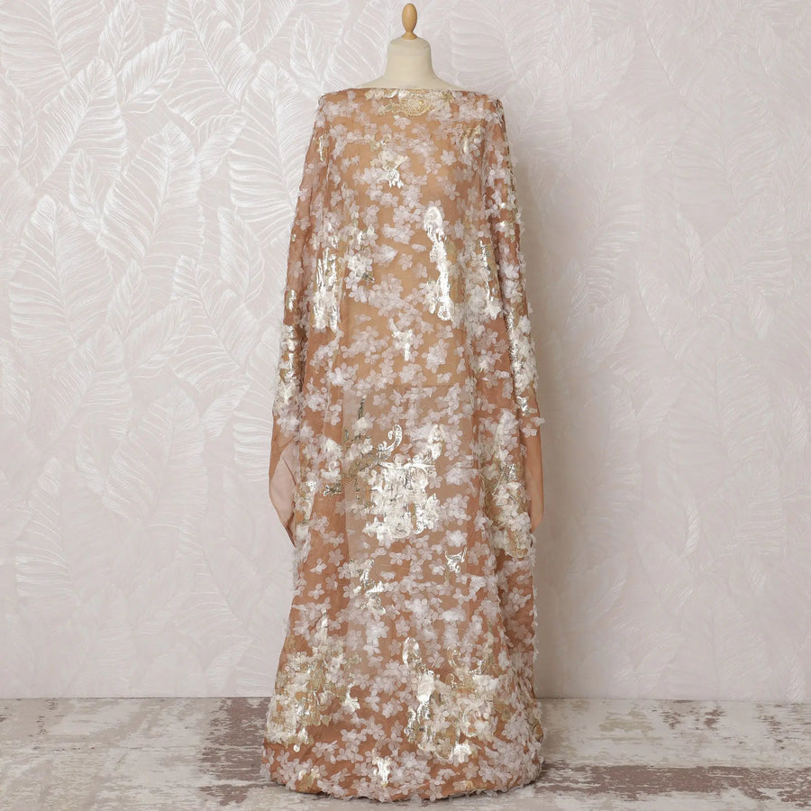 Golden Caramel Silk Chiffon Somali dirac Fabric with Lurex AppliquÃ© - 140cm x 3.5 Mtrs-D18496 Regal Fabrics