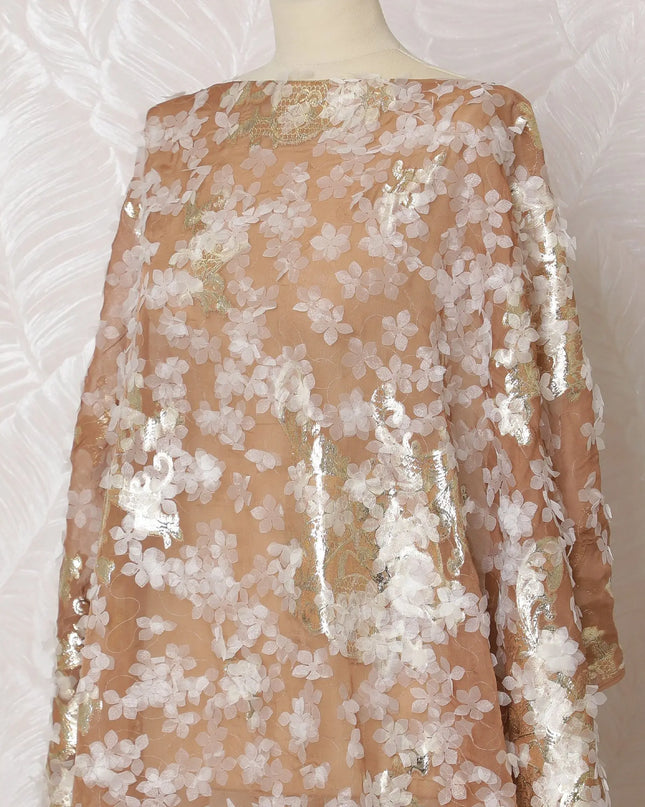 Golden Caramel Silk Chiffon Somali dirac Fabric with Lurex AppliquÃ© - 140cm x 3.5 Mtrs-D18496 Regal Fabrics
