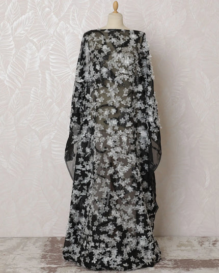 Sophisticated Noir Silk Chiffon Somali dirac Fabric with Silver Floral AppliquÃ© - 140cm x 3.5 Mtrs-D18498 Regal Fabrics