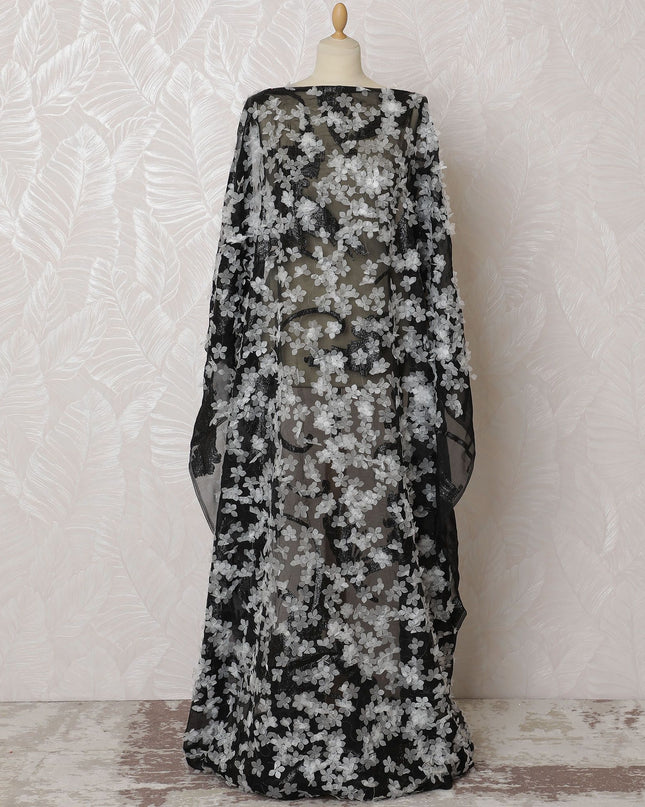 Sophisticated Noir Silk Chiffon Somali dirac Fabric with Silver Floral Appliqué - 140cm x 3.5 Mtrs-D18498