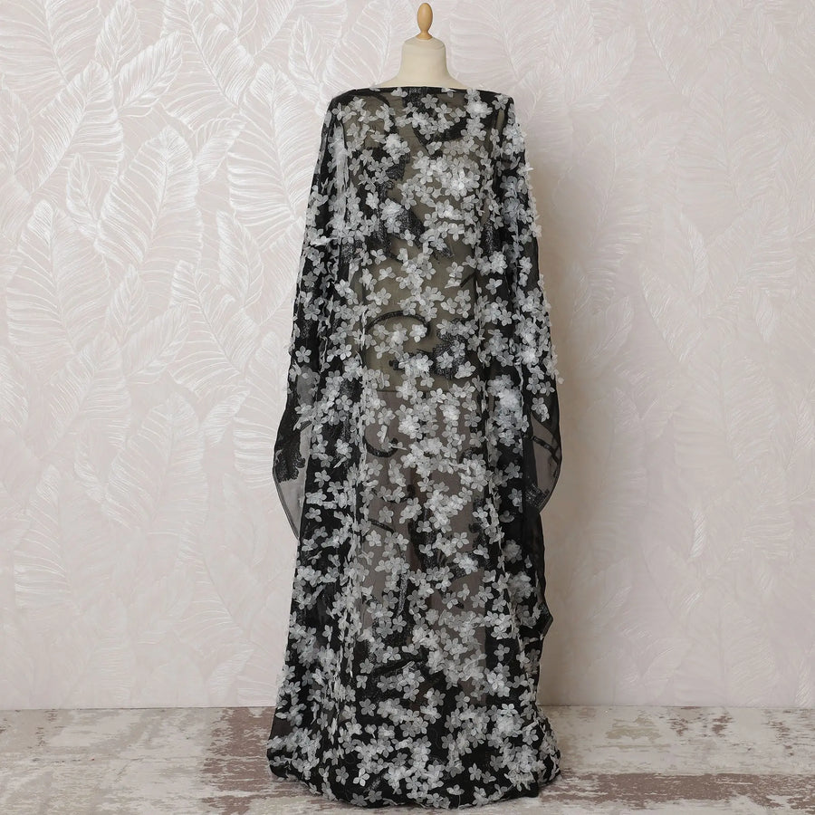 Sophisticated Noir Silk Chiffon Somali dirac Fabric with Silver Floral AppliquÃ© - 140cm x 3.5 Mtrs-D18498 Regal Fabrics
