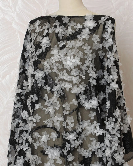 Sophisticated Noir Silk Chiffon Somali dirac Fabric with Silver Floral AppliquÃ© - 140cm x 3.5 Mtrs-D18498 Regal Fabrics