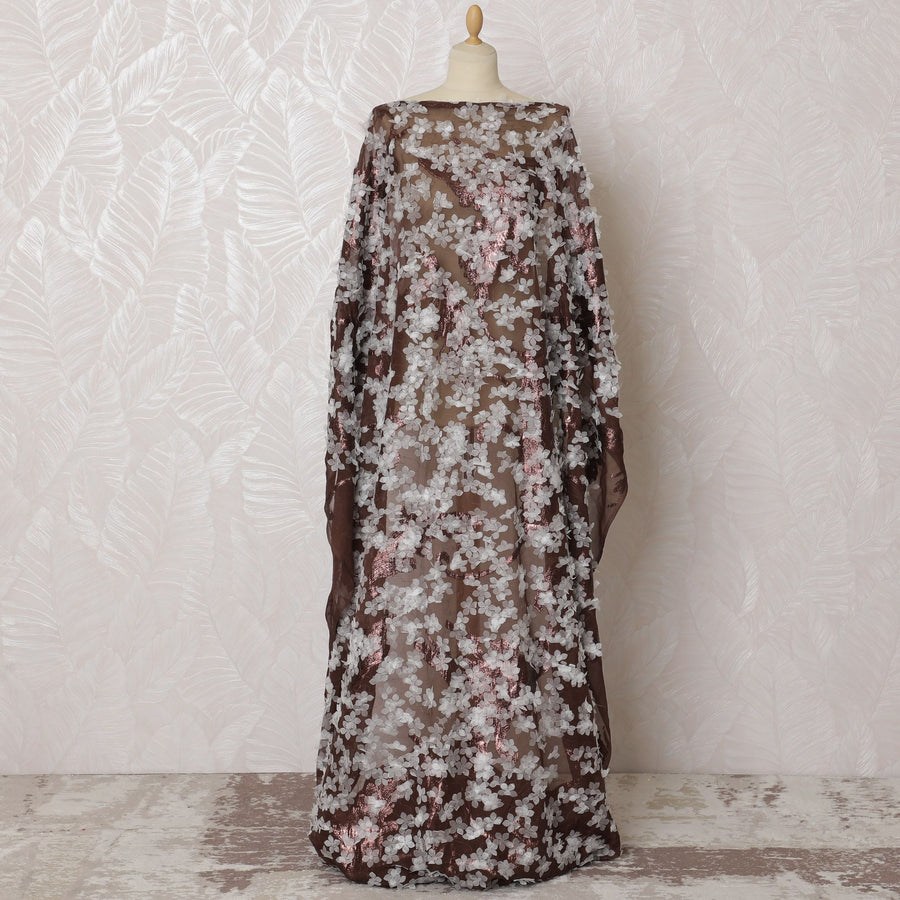 Mocha Blush Silk Chiffon Somali dirac Fabric with Rose Gold AppliquÃ© - 140cm x 3.5 Mtrs-D18501