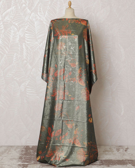 Midnight Ember Silk Chiffon Somali dirac Fabric with Metallic Florals - 140cm x 3.5 Mtrs-D18503