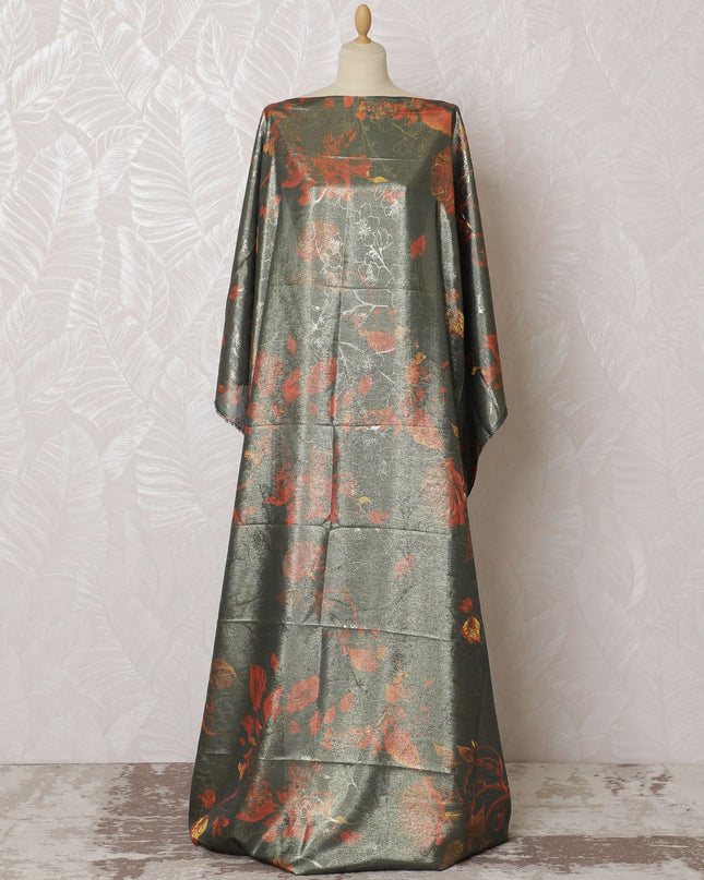 Midnight Ember Silk Chiffon Somali dirac Fabric with Metallic Florals - 140cm x 3.5 Mtrs-D18503