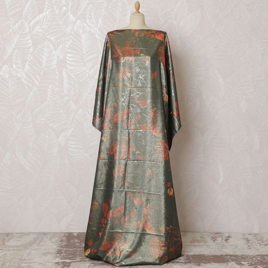 Midnight Ember Silk Chiffon Somali dirac Fabric with Metallic Florals - 140cm x 3.5 Mtrs-D18503