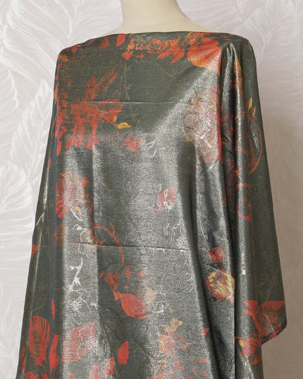 Midnight Ember Silk Chiffon Somali dirac Fabric with Metallic Florals - 140cm x 3.5 Mtrs-D18503