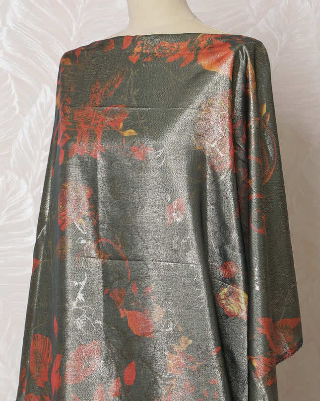 Midnight Ember Silk Chiffon Somali dirac Fabric with Metallic Florals - 140cm x 3.5 Mtrs-D18503