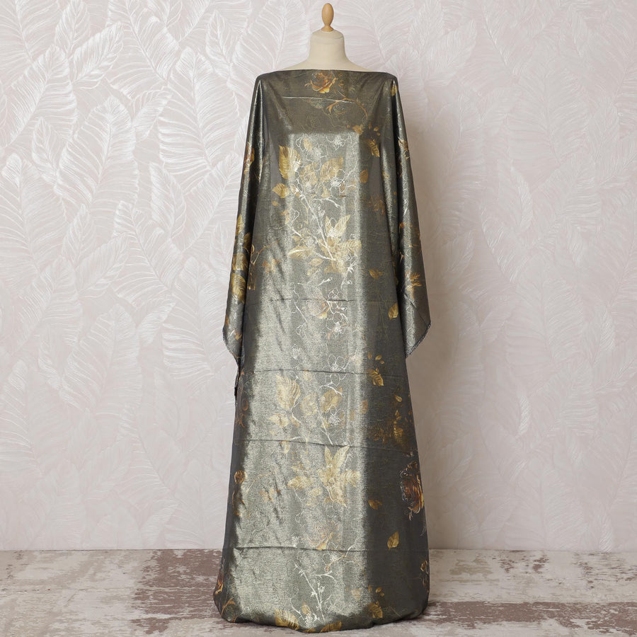 Charcoal Elegance Silk Chiffon Somali dirac Fabric with Golden Motifs - 140cm x 3.5 Mtrs-D18504