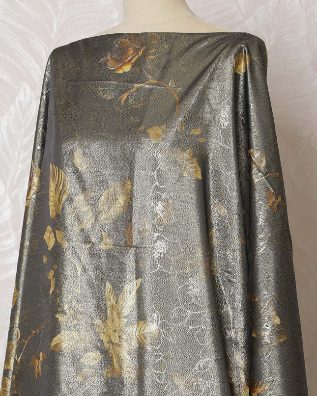 Charcoal Elegance Silk Chiffon Somali dirac Fabric with Golden Motifs - 140cm x 3.5 Mtrs-D18504