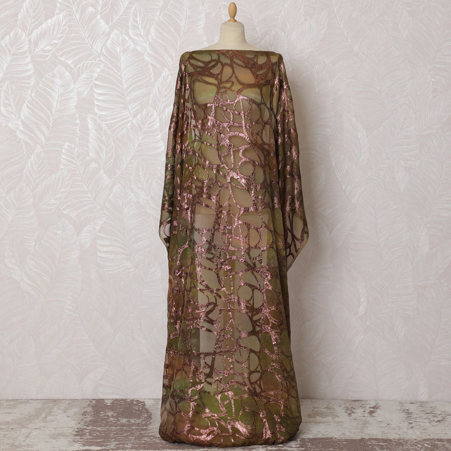 Elegant Olive Silk Chiffon Somali dirac with Rose Gold Lurex Embellishments - 140cm Wide, 3.5 Mtrs Piece from South Korea-D18519