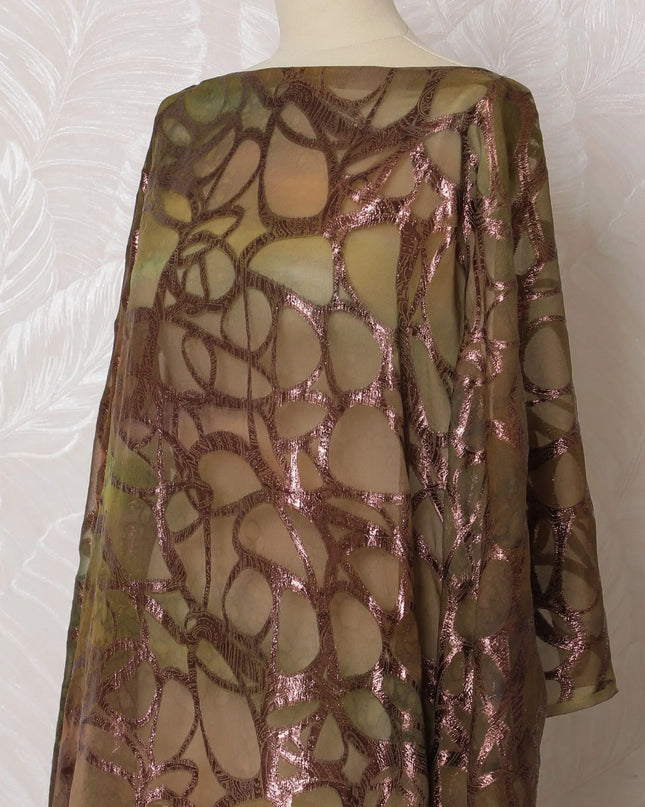 Elegant Olive Silk Chiffon Somali dirac with Rose Gold Lurex Embellishments - 140cm Wide, 3.5 Mtrs Piece from South Korea-D18519 Regal Fabrics