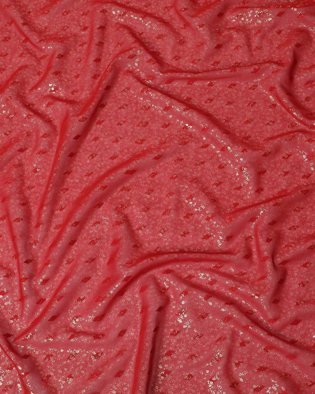 Raspberry red cotton voile fabric with gold foil and jacquard in floral design-D15748 Regal Fabrics