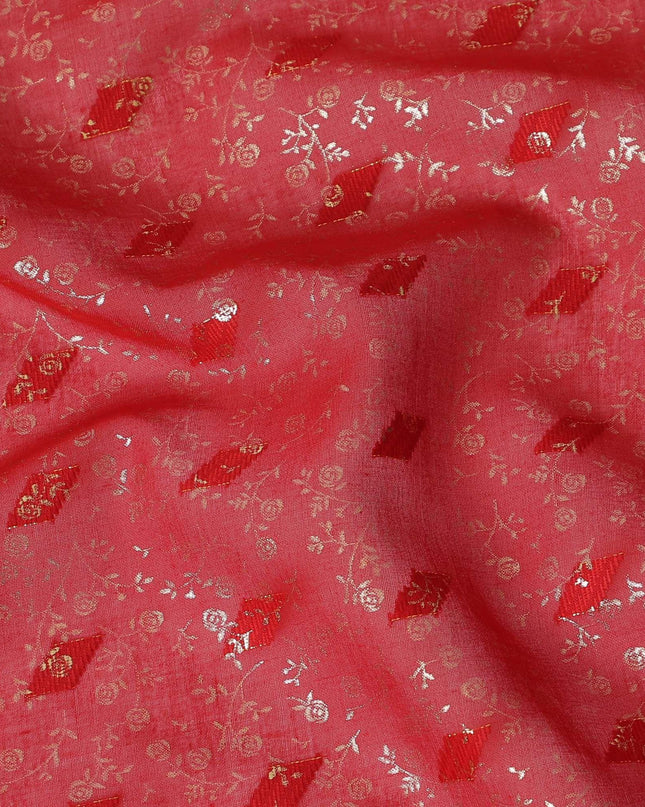 Raspberry red cotton voile fabric with gold foil and jacquard in floral design-D15748 Regal Fabrics