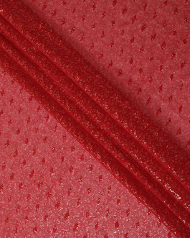 Raspberry red cotton voile fabric with gold foil and jacquard in floral design-D15748 Regal Fabrics
