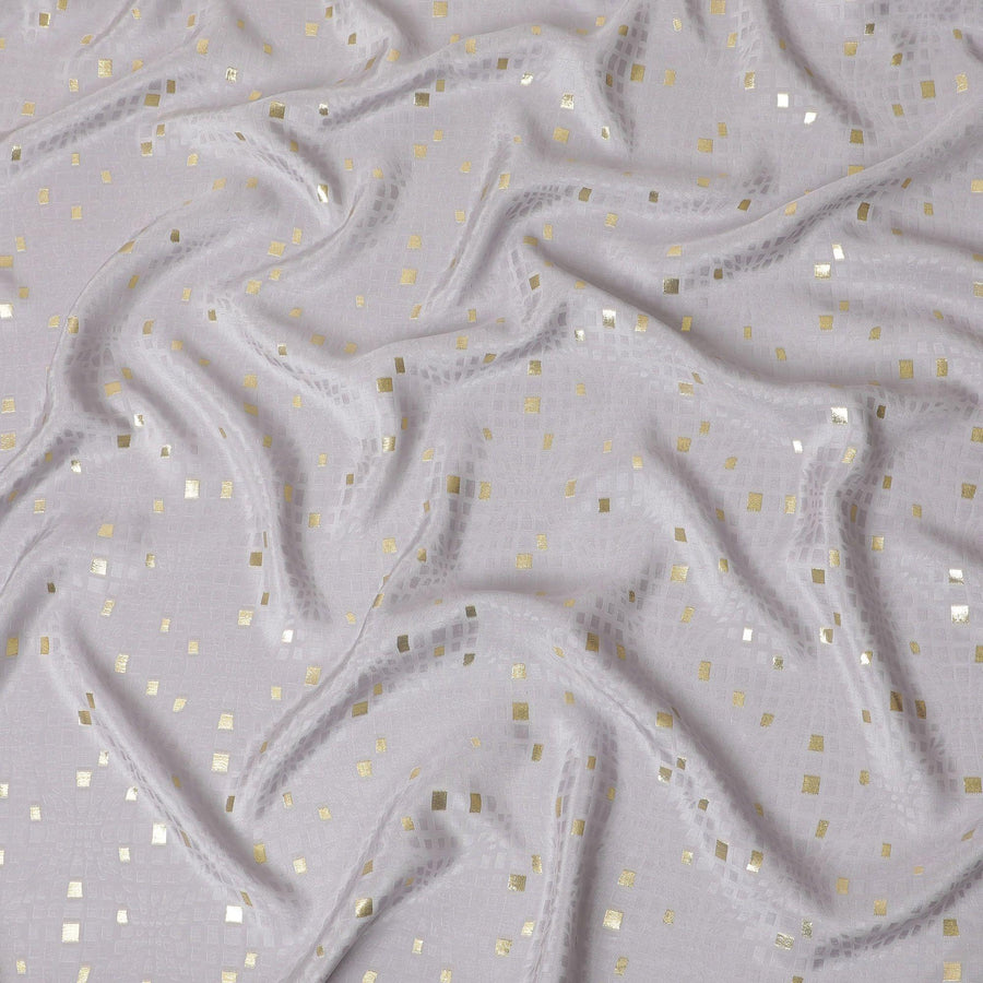 Cloud grey crepe silk fabric with gold and similar color jacquard in abstract design-D15757