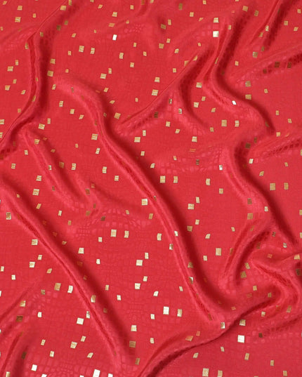 Raspberry red crepe silk fabric with gold and similar color jacquard in abstract design-D15758 Regal Fabrics