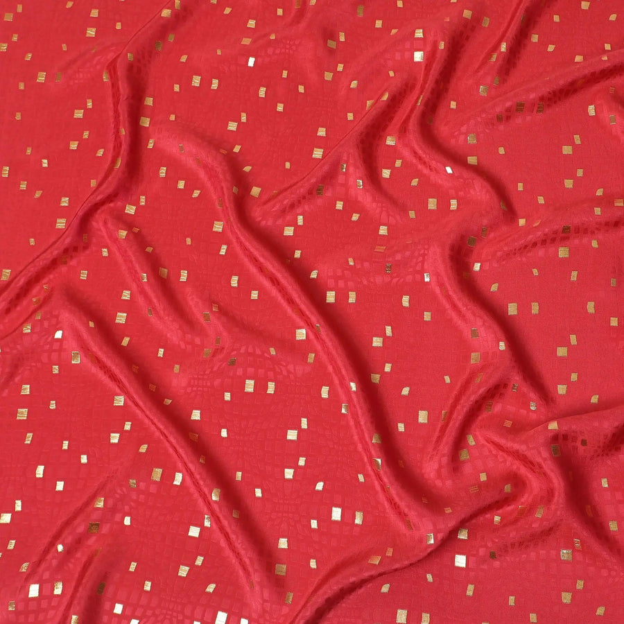 Raspberry red crepe silk fabric with gold and similar color jacquard in abstract design-D15758 Regal Fabrics