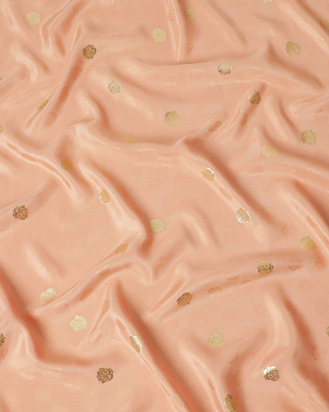 Beige crepe silk fabric with gold and similar color jacquard in floral design-D15764