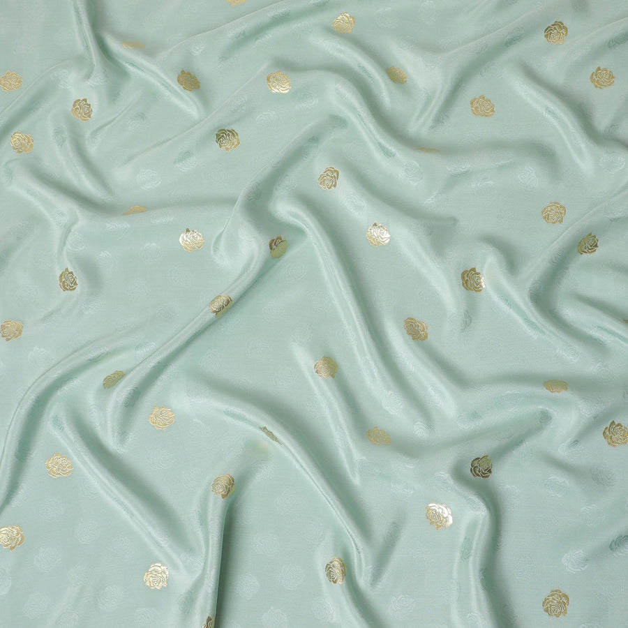 Tea green crepe silk fabric with gold and similar color jacquard in floral design-D15766