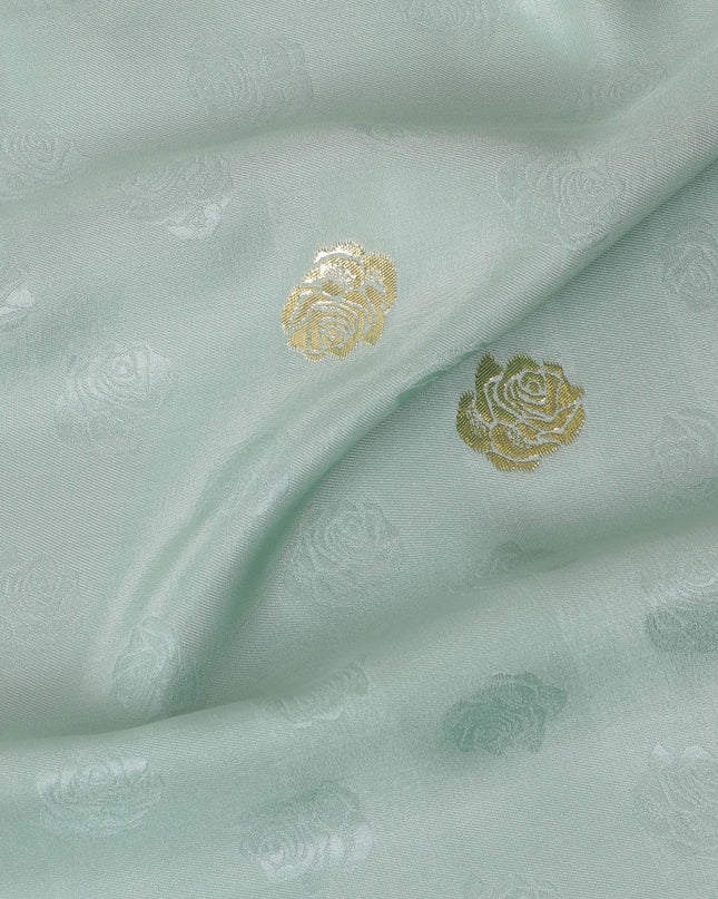 Tea green crepe silk fabric with gold and similar color jacquard in floral design-D15766 Regal Fabrics