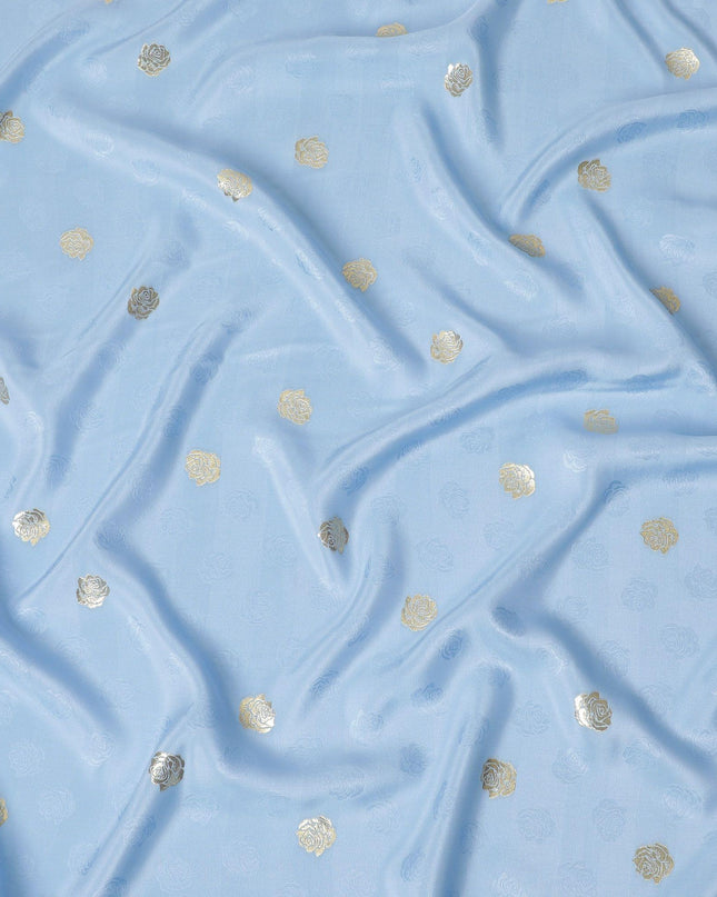 Arctic blue crepe silk fabric with gold and similar color jacquard in floral design-D15767