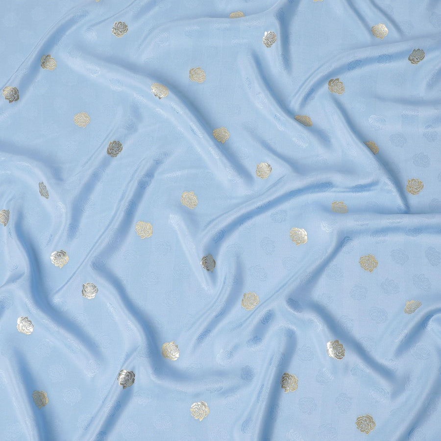 Arctic blue crepe silk fabric with gold and similar color jacquard in floral design-D15767