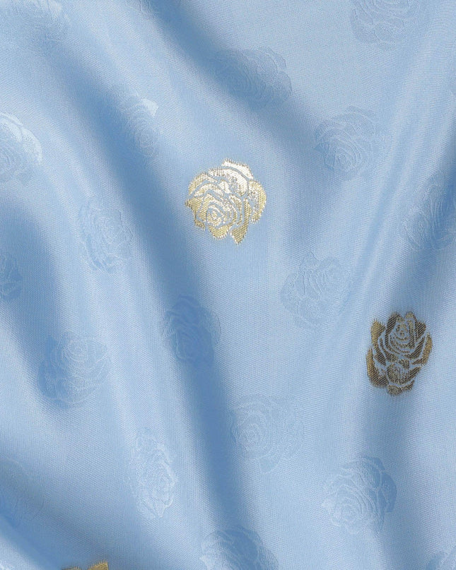 Arctic blue crepe silk fabric with gold and similar color jacquard in floral design-D15767