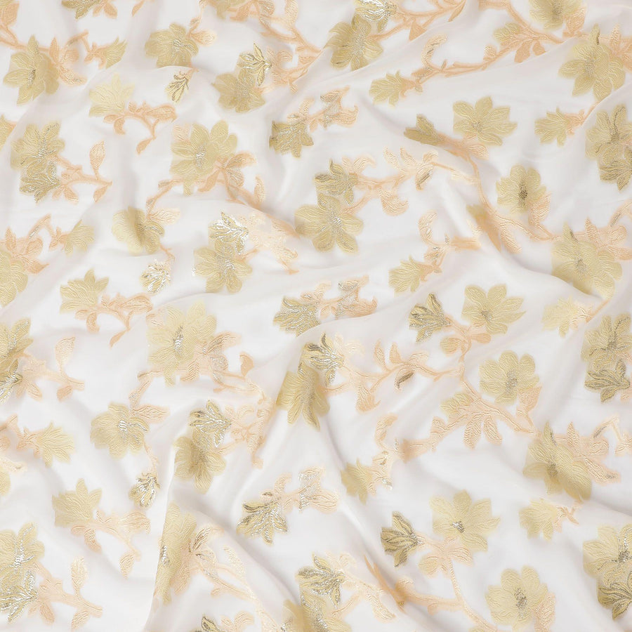 Off white Premium pure French (Fransawi) silk chiffon fabric with peach, gold viscose having gold metallic lurex in floral design-D16285