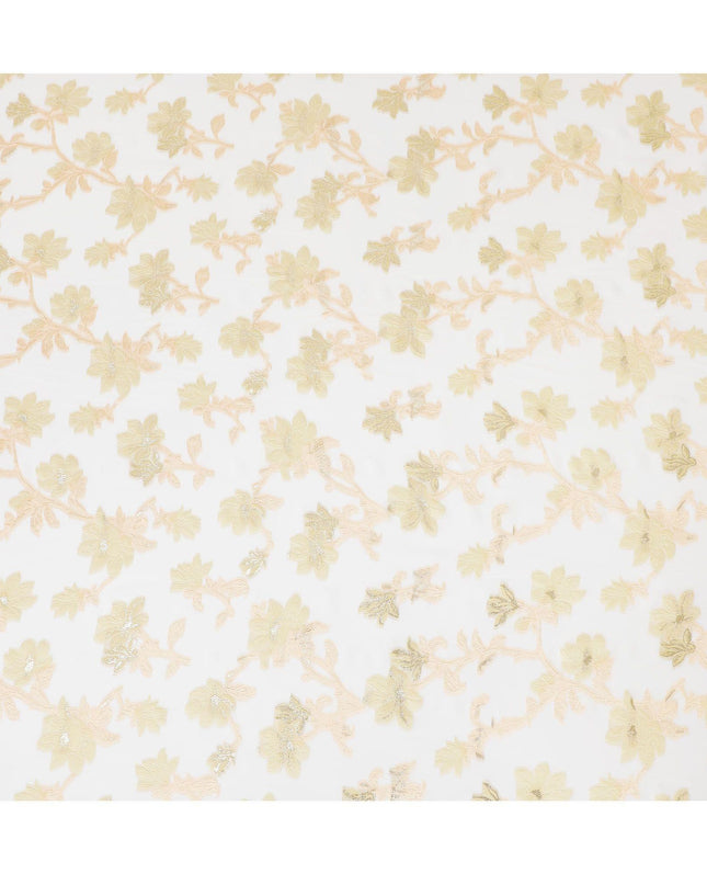 قماش شيفون حريري فرنسي (فرنساوي) فاخر باللون الأبيض الفاتح مع الخوخ والفسكوز الذهبي مع اللوريكس المعدني الذهبي بتصميم الأزهار -D16285