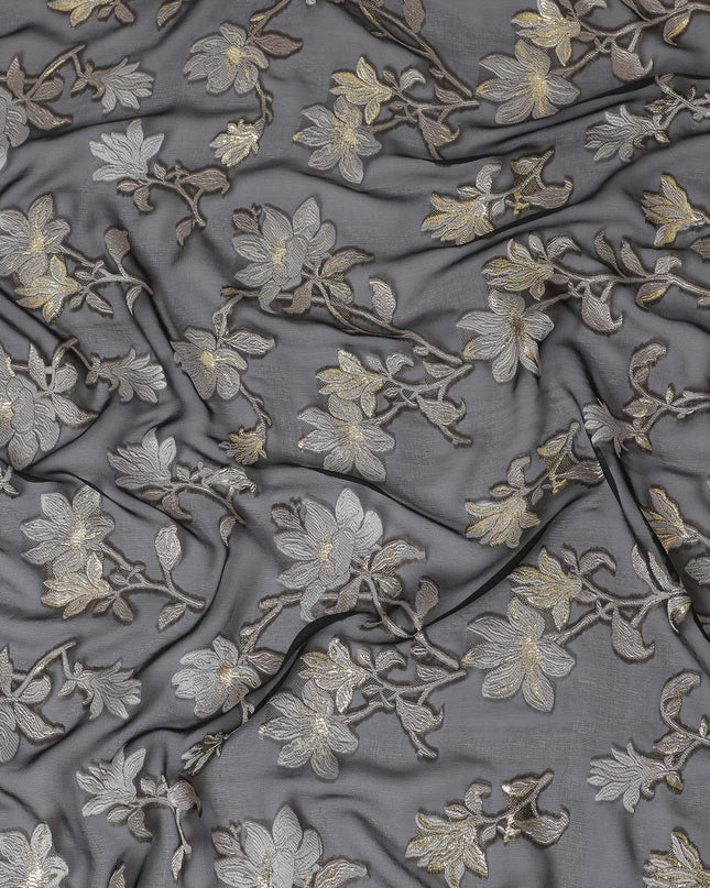Black Premium pure French (Fransawi) silk chiffon fabric with grey, beige viscose having gold metallic lurex in floral design-D16286