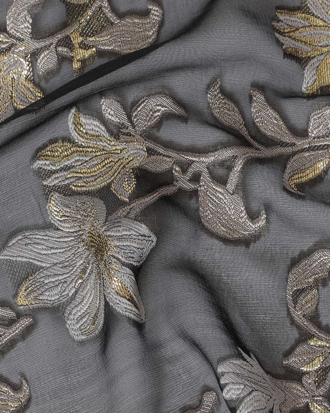 Black Premium pure French (Fransawi) silk chiffon fabric with grey, beige viscose having gold metallic lurex in floral design-D16286