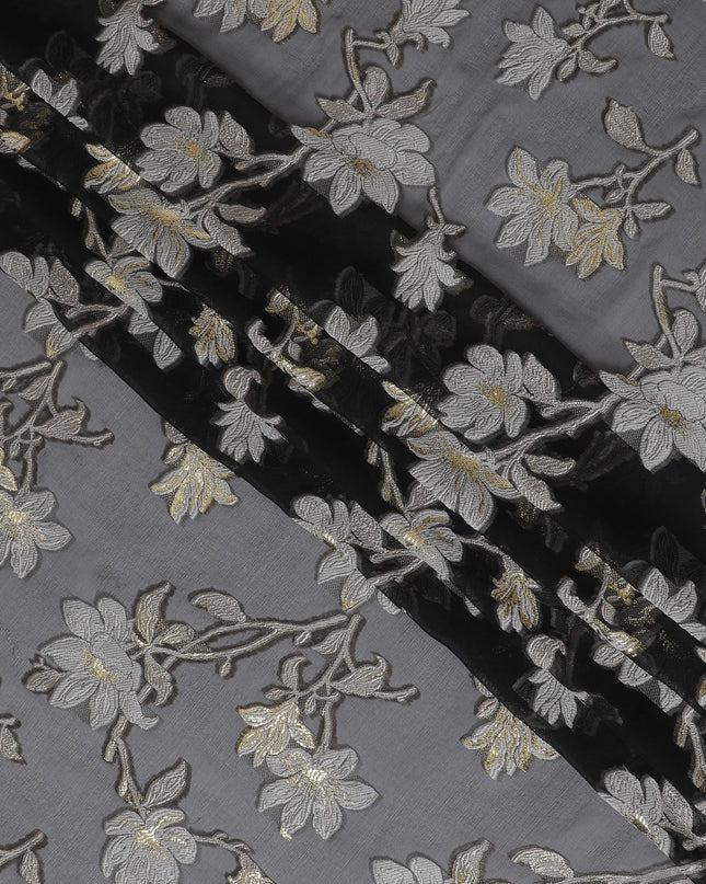 Black Premium pure French (Fransawi) silk chiffon fabric with grey, beige viscose having gold metallic lurex in floral design-D16286