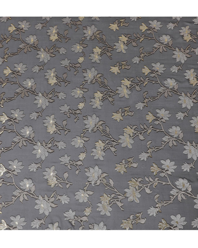 Black Premium pure French (Fransawi) silk chiffon fabric with grey, beige viscose having gold metallic lurex in floral design-D16286