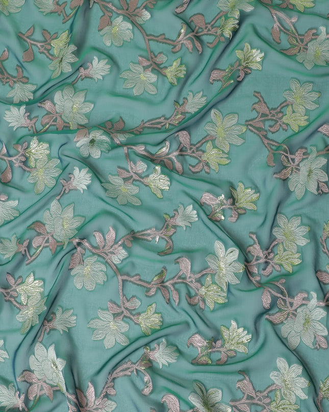 قماش من الشيفون الحريري الفرنسي (الفرنساوي) الفاخر باللون الأخضر الغابة مع اللون الأخضر الداكن والفسكوز البني مع اللوريكس المعدني الذهبي بتصميم الأزهار - D16287