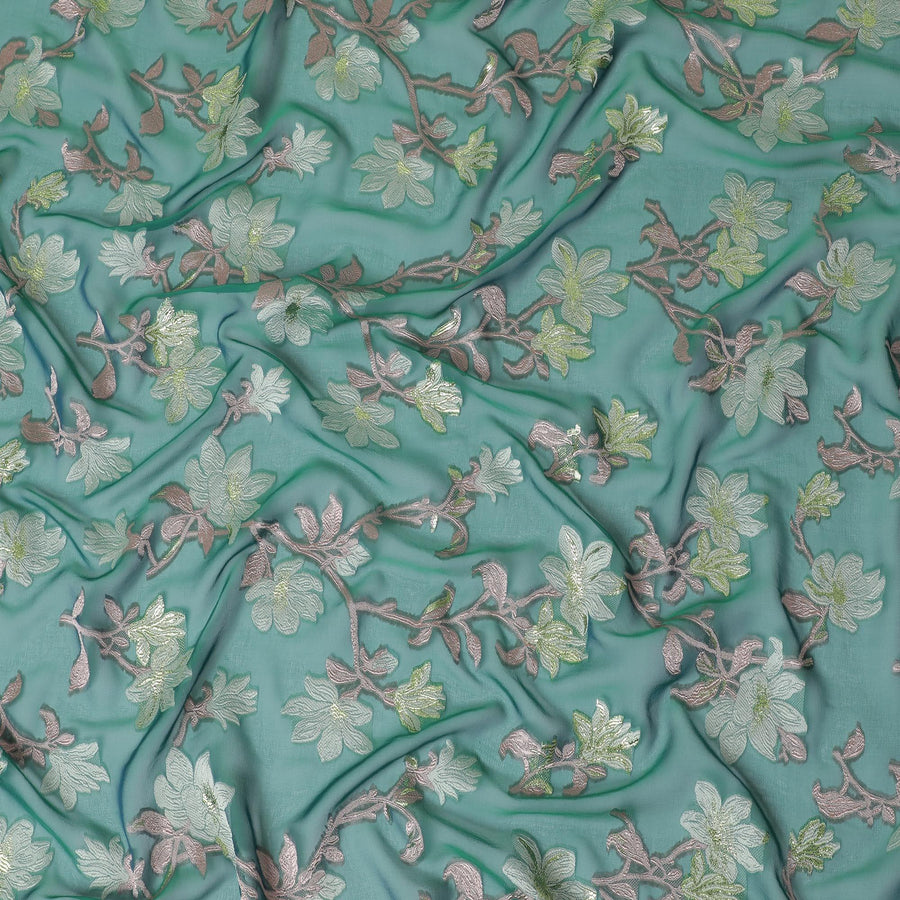 Forest green Premium pure French (Fransawi) silk chiffon fabric with sage green, brown viscose having gold metallic lurex in floral design-D16287