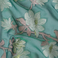 Forest green Premium pure French (Fransawi) silk chiffon fabric with sage green, brown viscose having gold metallic lurex in floral design-D16287