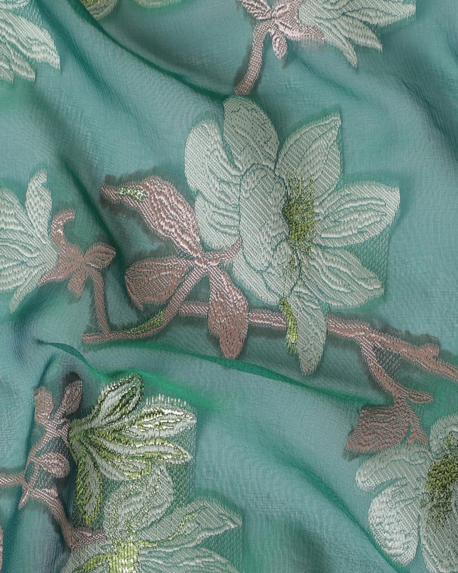 قماش من الشيفون الحريري الفرنسي (الفرنساوي) الفاخر باللون الأخضر الغابة مع اللون الأخضر الداكن والفسكوز البني مع اللوريكس المعدني الذهبي بتصميم الأزهار - D16287