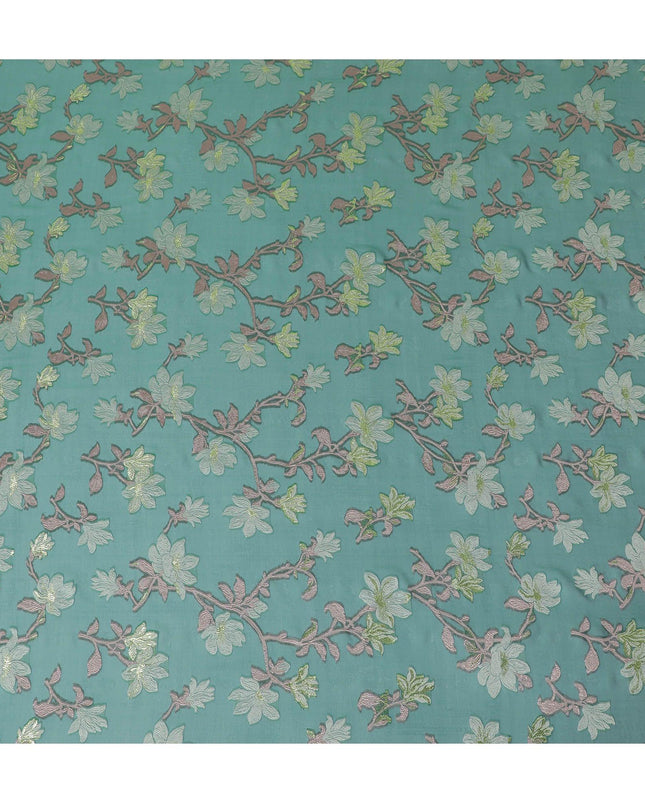 قماش من الشيفون الحريري الفرنسي (الفرنساوي) الفاخر باللون الأخضر الغابة مع اللون الأخضر الداكن والفسكوز البني مع اللوريكس المعدني الذهبي بتصميم الأزهار - D16287