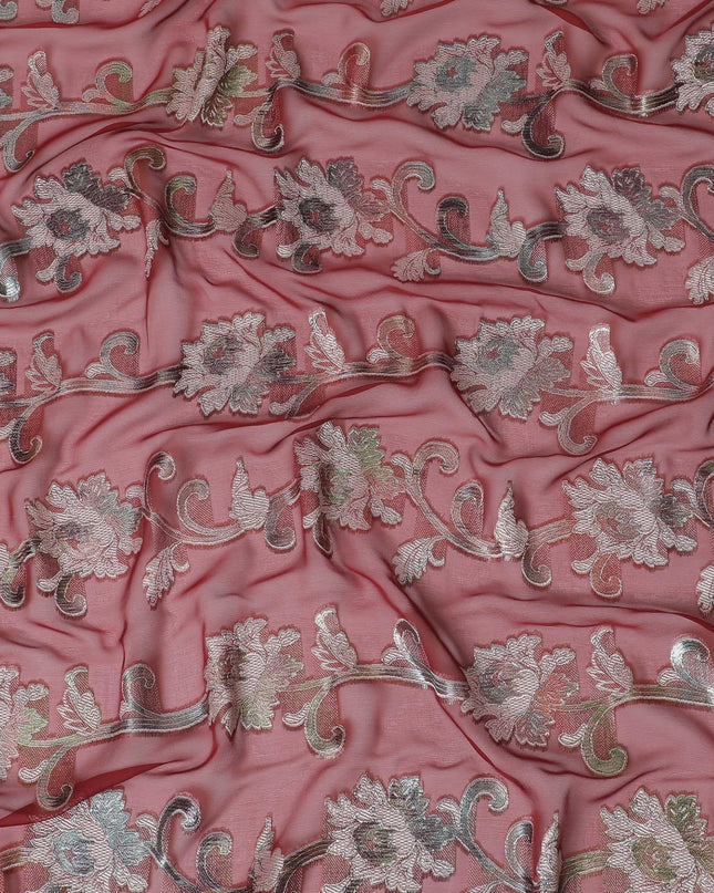 Barn red Premium pure French (Fransawi) silk chiffon fabric with silver grey viscose and metallic lurex in floral design-D16289