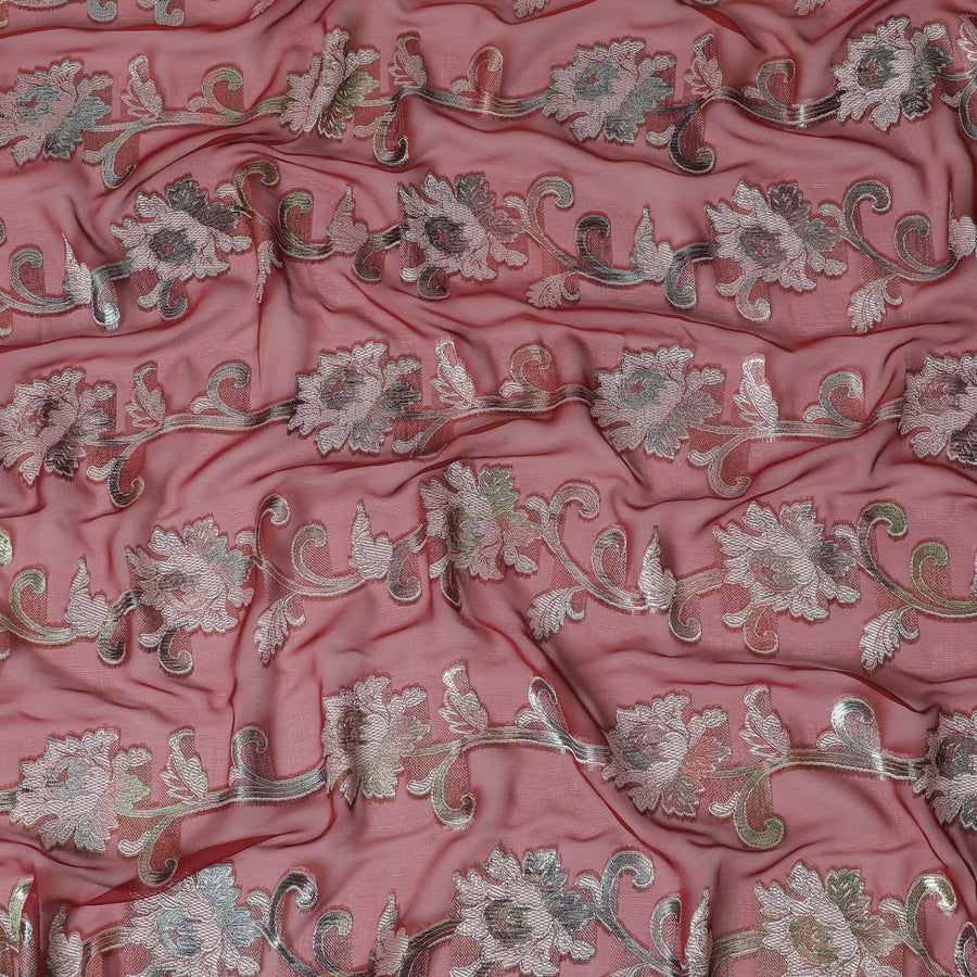 Barn red Premium pure French (Fransawi) silk chiffon fabric with silver grey viscose and metallic lurex in floral design-D16289
