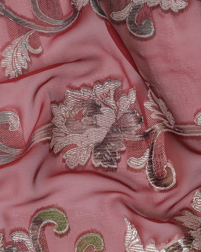 Barn red Premium pure French (Fransawi) silk chiffon fabric with silver grey viscose and metallic lurex in floral design-D16289