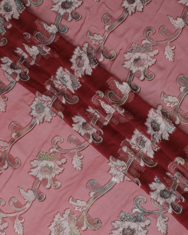 Barn red Premium pure French (Fransawi) silk chiffon fabric with silver grey viscose and metallic lurex in floral design-D16289