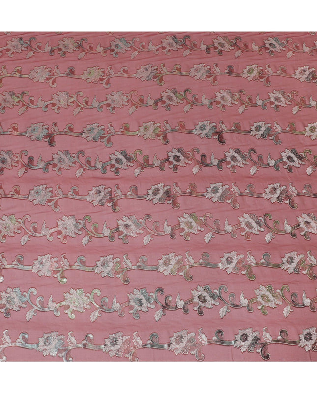 Barn red Premium pure French (Fransawi) silk chiffon fabric with silver grey viscose and metallic lurex in floral design-D16289