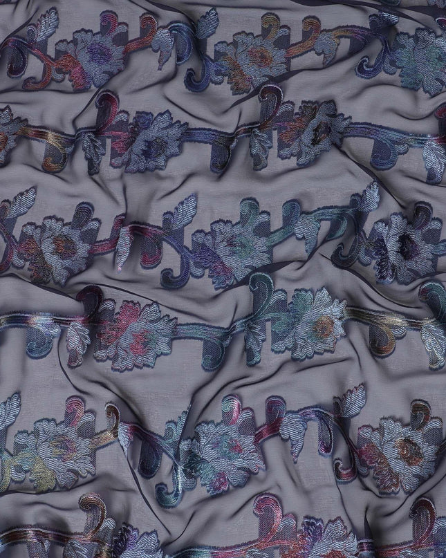 قماش شيفون حريري فرنسي (فرنساوي) فاخر باللون الأزرق الداكن مع الفيسكوز الأزرق الفاتح والوركس المعدني بتصميم الأزهار-D16290