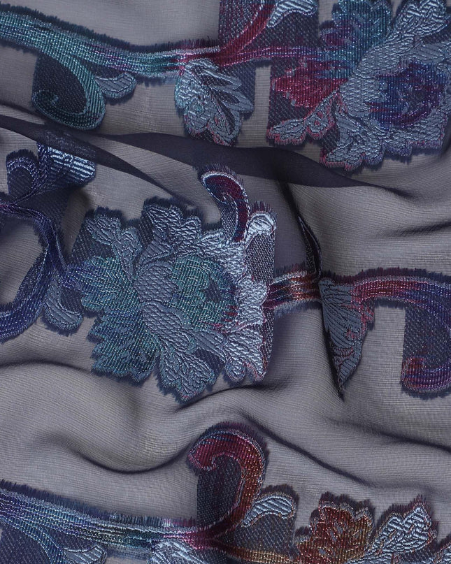 قماش شيفون حريري فرنسي (فرنساوي) فاخر باللون الأزرق الداكن مع الفيسكوز الأزرق الفاتح والوركس المعدني بتصميم الأزهار-D16290