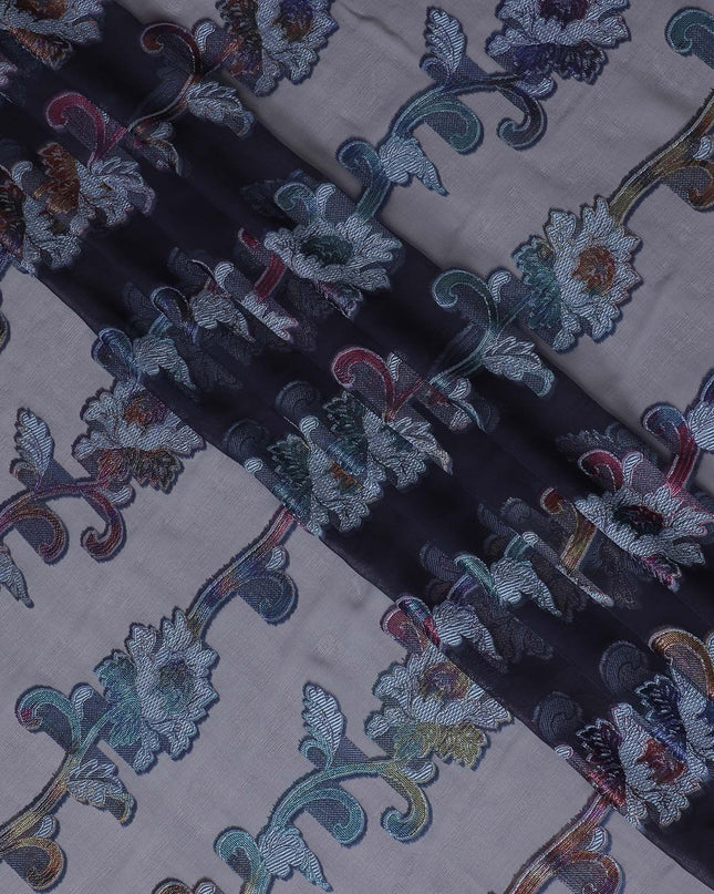 قماش شيفون حريري فرنسي (فرنساوي) فاخر باللون الأزرق الداكن مع الفيسكوز الأزرق الفاتح والوركس المعدني بتصميم الأزهار-D16290