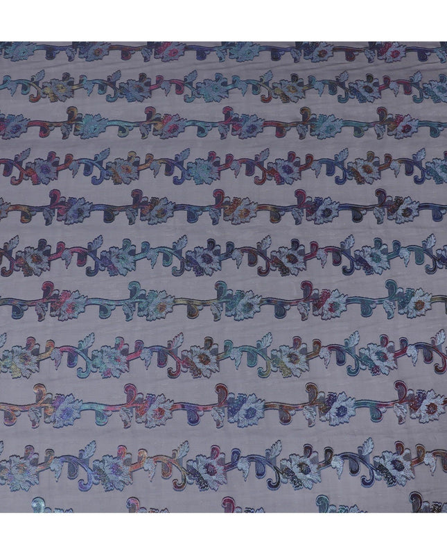 قماش شيفون حريري فرنسي (فرنساوي) فاخر باللون الأزرق الداكن مع الفيسكوز الأزرق الفاتح والوركس المعدني بتصميم الأزهار-D16290