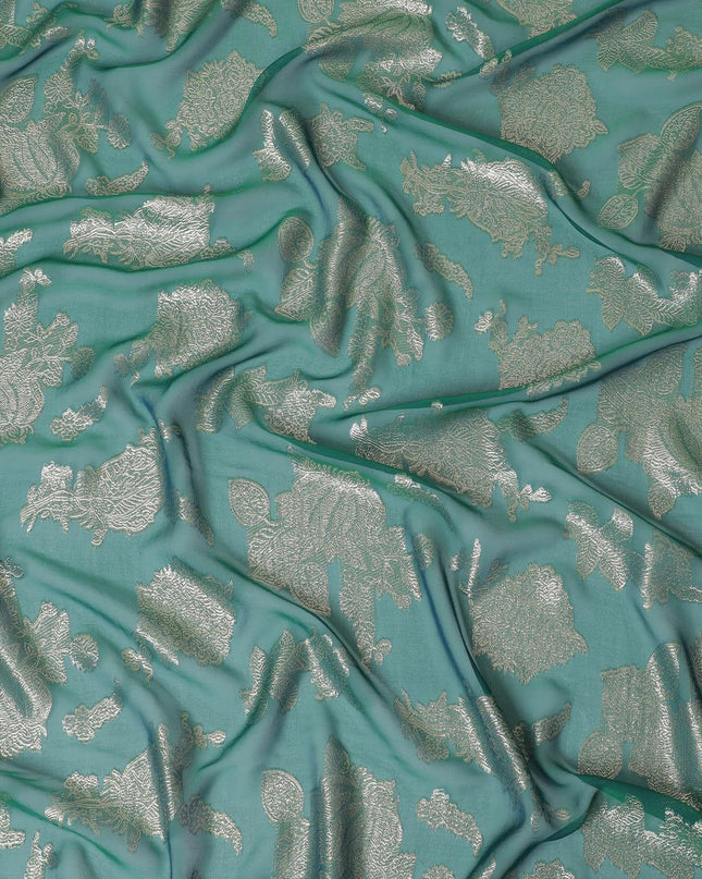 قماش شيفون حريري فرنسي (فرنساوي) فاخر باللون الأخضر الغابة مع لوركس معدني ذهبي بتصميم زهور-D16292